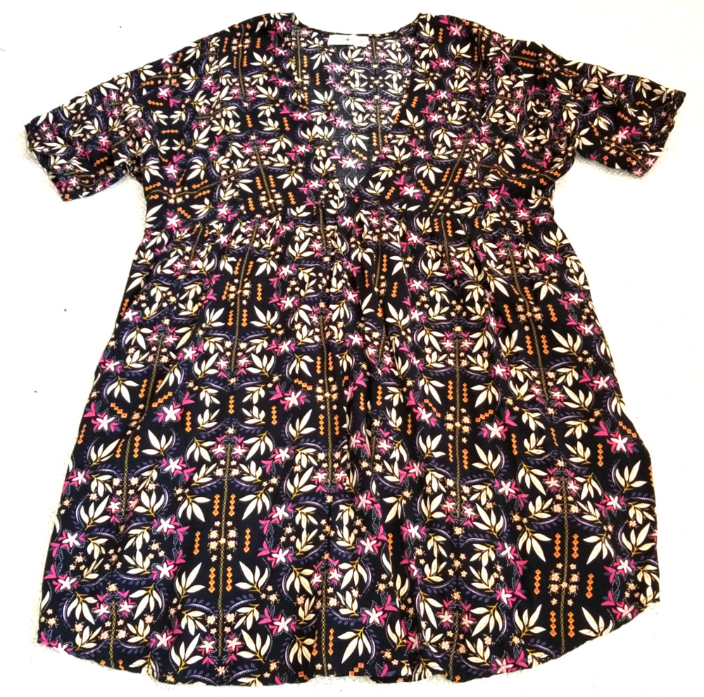 Womens Dress-NATURAL LIFE-black/pink floral 'Stella V-Neck Mini' slouchy BOHO-M